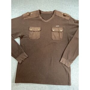 Imperious Mens Brown Thermal Waffle Knit Military V-Neck Long Sleeve Sz L 1796